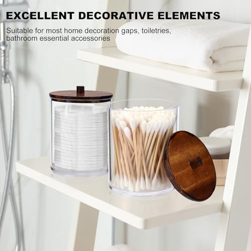 Temoyj 2 Pack Qtip Holder Dispenser with Wood Lids - 10 oz Clear Plastic Apothecary Jar Containers for Vanity Makeup Organizer Storage - Bathroom Accessories Set for Cotton Swab,Pads, Ball, Floss