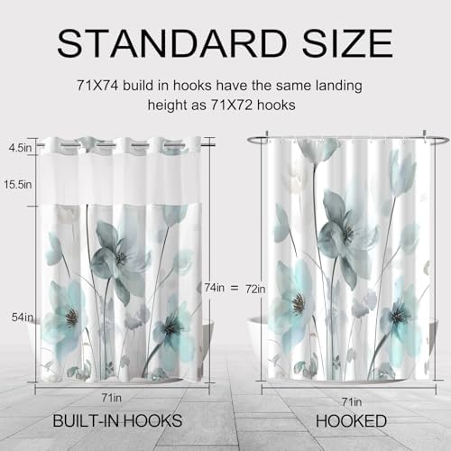 No Hook Shower Curtain and Liner Set, Teal Blue Boho Floral 71x74