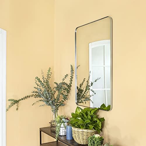 GRACTO 24x36'' Brushed Nickel Metal Framed Bathroom Mirror for Wall in Stainless Steel Rounded Rectangular Bathroom Vanity Mirrors Wall Mounted
