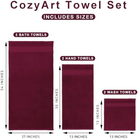 COZYART Bath Towel Set 6 PCS, Burgundy Luxury 100% Turkish Cotton 650GSM