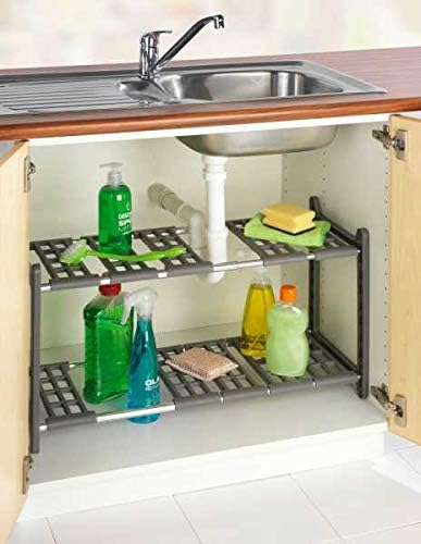 WENKO Under Sink Organizer for Kitchen and Bathroom, Under Cabinet Storage, Expandable Shelf from 17 to 31 in, 2 Tier Rack for Counter Organization, Gray