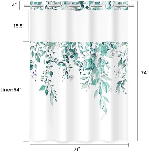 WITHLOC No Hook Shower Curtain with Liner, Eucalyptus Seaweed Green, 71x74