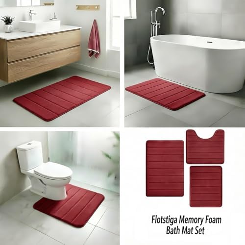Memory Foam Bath Mat Set 3 Piece,Super Soft Absorbent Bathroom Rug Non Slip, Quick Dry,Machine Wash, Perfect Plush Bathroom Rugs,Home Decor Accessories,Burgundy