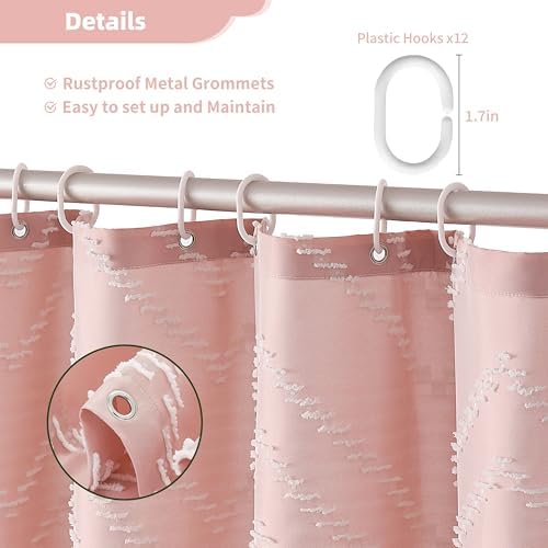 Siiluminisoy Extra Long Pink Shower Curtain with Tassel, Woven Fabric 90 in, Tufted Chevron Striped, 72 x 90, Modern Chic Textured Minimalist Bathroom
