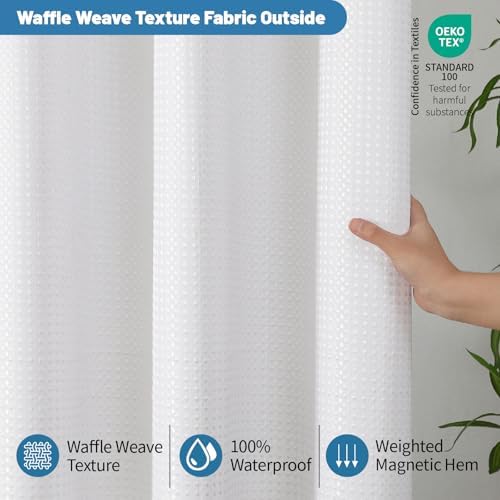 2-in-1 Waterproof Fabric Shower Curtain - No Separate Liner Needed, Hotel-Style Waffle Weave, Effortless Cleaning & Washable Bathroom Shower Curtain Set,72Wx96H,White