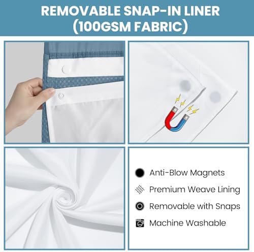 No Hook Waffle Shower Curtain with Snap in Liner Set, 71x74, MoonlightBlue