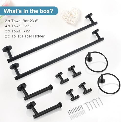 TQKAG Matte Black Bathroom Hardware Accessories Set 10-Pieces, Premium SUS304 Stainless Steel Bathroom Towel Bar Holder Set 23.6 Inch Round Towel Racks for Bathroom Wall Mounted