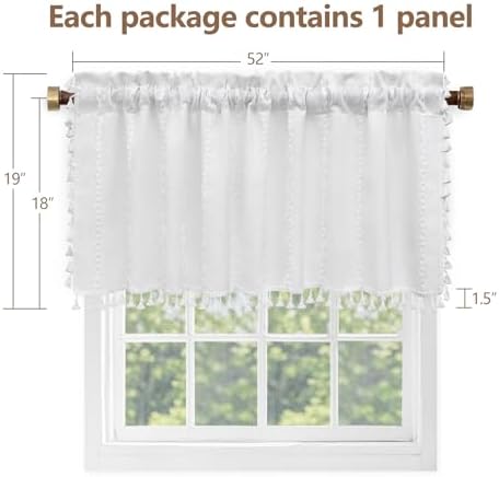 Seenus White Boho Farmhouse Valance Curtain with Tassels, 52 x 18 inch Linen Textured Window Curtain for Living Room, Striped Light Filtering Valance for Kitchen Bedroom Bathroom Rod Pocket