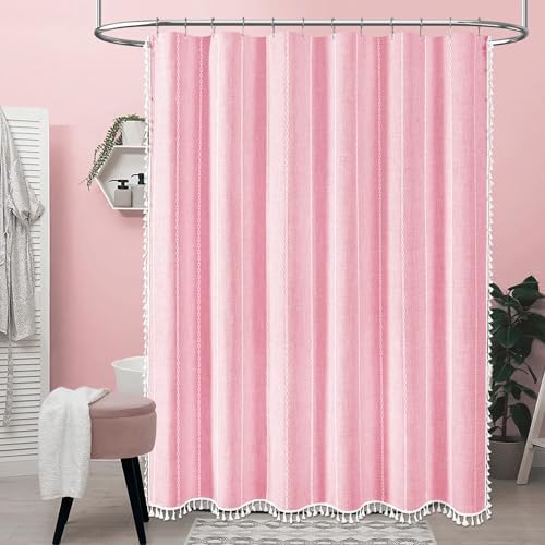 BTTN 72x78 Long Boho Farmhouse Linen Heavy Duty Shower Curtain, Blush Pink