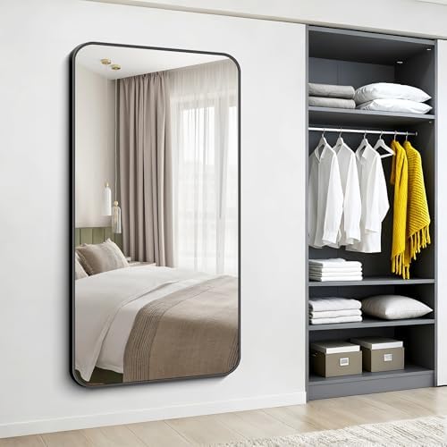 Black Bathroom Mirror, 66x36 inch Aluminum Metal Frame Rectangular Vanity Mirror, Large Wall Mounted Rectangle Mirrors with Rounded Corner for Over Sink Bedroom Living Room Horizontal/Vertical