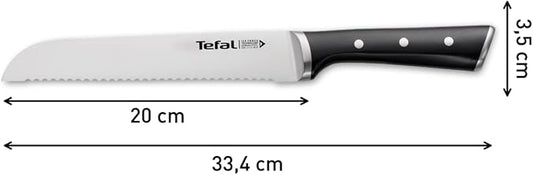 Tefal Ice Force Stainless Steel Bread Knife - 20cm - Serrated Edge, Long Lasting Performance - K2320414, Silver/Black