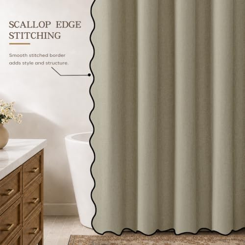 Furlinic No Hook Shower Curtain Scalloped Boho Taupe Linen Fabric 96 Inch