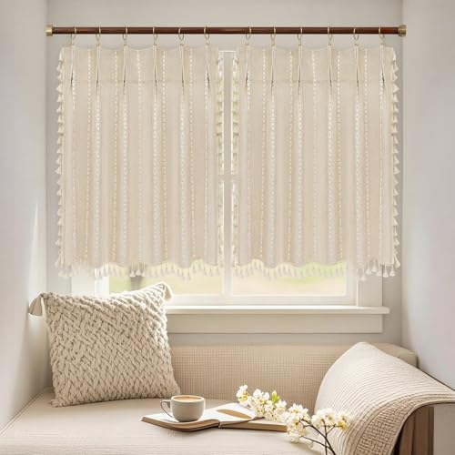 Seenus Beige Boho Farmhouse Window Curtain with Tassels, 30 x 24 Inch Light Filtering Sheer Short Cafe Window Curtain Tier, Linen Textured Pleated Small Window Drape for Kitchen or Bathroom, 1 Panel