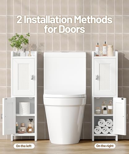 Akxomel Rattan Small Bathroom Cabinet Narrow Toilet Paper Organizer White