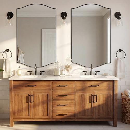 ANDY STAR 30"x48" Scalloped Mirror,Matte Black Rectangle Bathroom Mirror with Curved Edge Stainless Steel Metal Frame, Large Wall-Mounted Mirror for Bathroom, Entryway (Horizontal/Vertical)