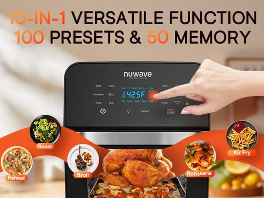 Nuwave Brio 15.5Qt Air Fryer Oven with Plug-In Grill, XL Family Size, 10-in-1, Air Fry, Grill, Rotisserie, Even & Crisp Cooking, 50°–425°F, 1800W