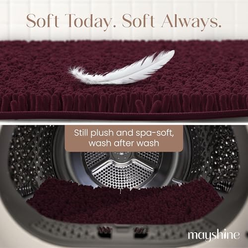 MAYSHINE Small Plush Shaggy Chenille Bath Mat 24"x17" Extra Soft, Super Absorbent, Non-Slip Bathroom Rug | Fluffy Microfiber, Area Rug Sets for Bathroom Floor, Kitchen, Living Room | Burgundy