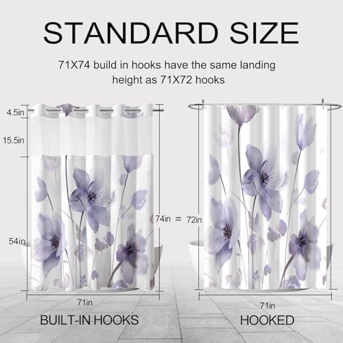 No Hook Shower Curtain and Liner Set, Purple Boho Floral 71x74