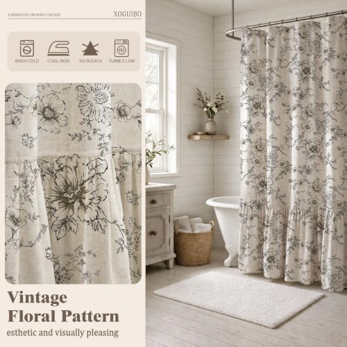 Farmhouse Floral Shower Curtain with Ruffle Hem for Bathroom