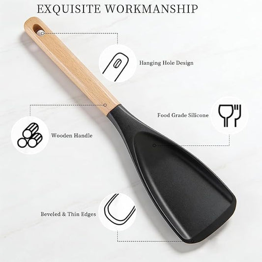 2 Pack Silicone Spoonula for Nonstick Cookware, BPA Free Food Grade Kitchen Utensils with Wooden Handle, Heat Resistant Cooking Spoon for Mixing, Scraping, Stirring & Serving, Non Scratch Kitchen Tool