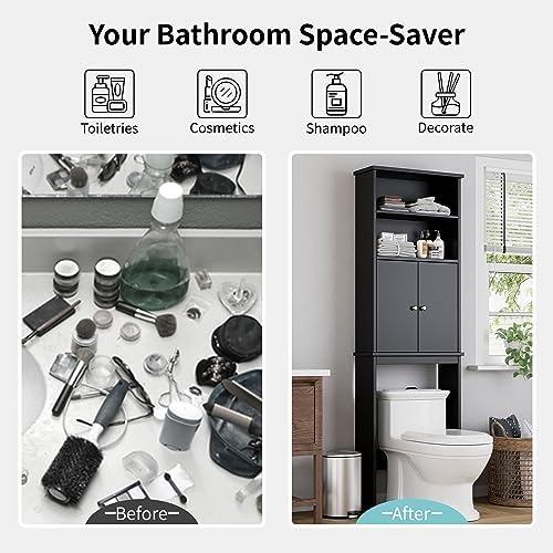 Shintenchi Over the Toilet Storage Cabinet, Bathroom Above the Toilet Rack, Bathroom Adjustable Shelf Organizer with Open Bottom Bar and Anti-Tip Device, Black