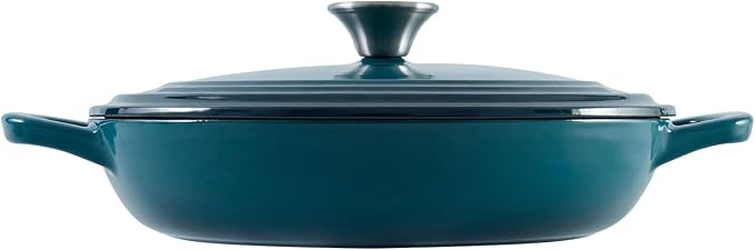 Flavehc Braiser Enameled Cast Iron Braiser 2.25 QT, Cast Iron Braiser Pan with Lid for Bread Baking, Soup & One Pot Meals, Small Shallow Dutch Oven Casserole for Oven & Induction, DarkCyan