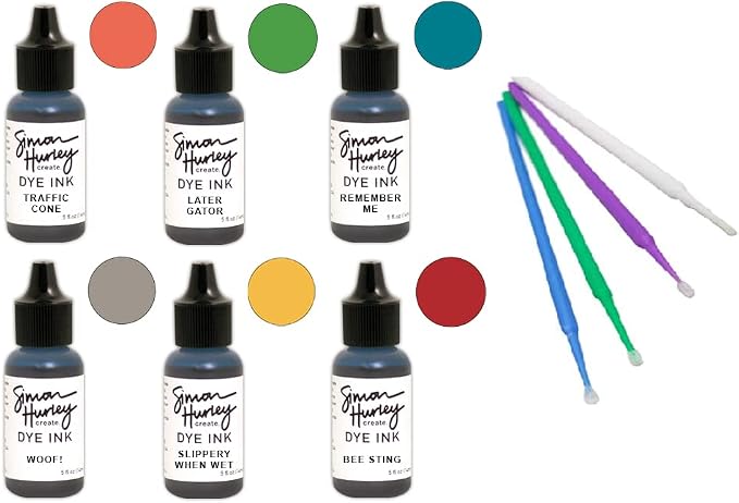 Ranger Simon Hurley Bundle - 6 Dye Ink Collection with PTP Flash Deals Detail Sticks (REINKERS:Traffic Cone, Bee Sting, Woof!, Slippery Wet, Later Gator, Remember Me)