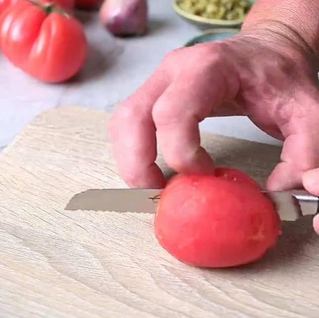 Arcos Forged Tomato Knife Serrated 5 Inch Stainless Steel. Ergonomic Polypropylene POM Handle & Special Silk Blade 130 mm. Series Manhattan. Blue Color. Impress and Amaze with Every Cut