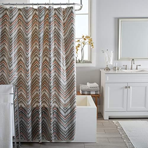 Bath Bliss 70” x 72” PEVA Shower Curtain | 12 Rust Proof Metal Grommets | Reinforced Header | Waterproof | Dotted Chevron Design | Grey and Pink