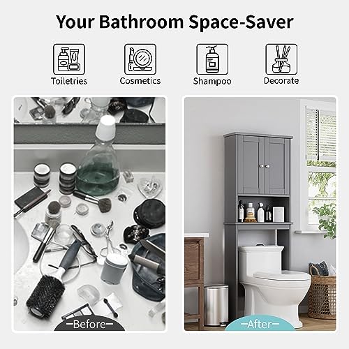 Shintenchi Over the Toilet Storage Cabinet, Bathroom Shelf Organizer with Anti-Tip Device Small Freestanding Space Saver with Adjustable Shelf, Gray