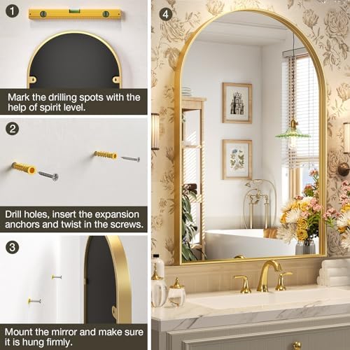 Brightify Arched Mirror, Arched Wall Mirror, 20 x 30 Inch Gold Arch Mirror, Metal Frame Gold Bathroom Mirror, Arched Top Bathroom Vanity Mirror for Living Room Bedroom Mantel Entryway Hallways