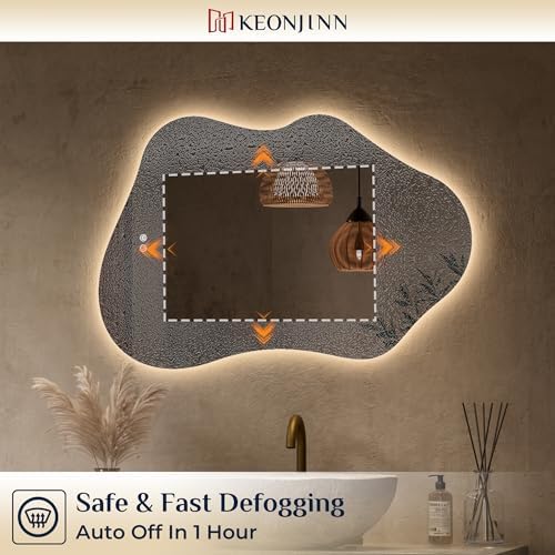 Keonjinn Irregular Backlit Bathroom Mirror 30 x 36 Inch, HD Tempered Glass