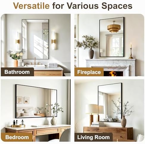Rectangular Bathroom Mirror, 36"x24" Black Metal Framed Vanity Mirror
