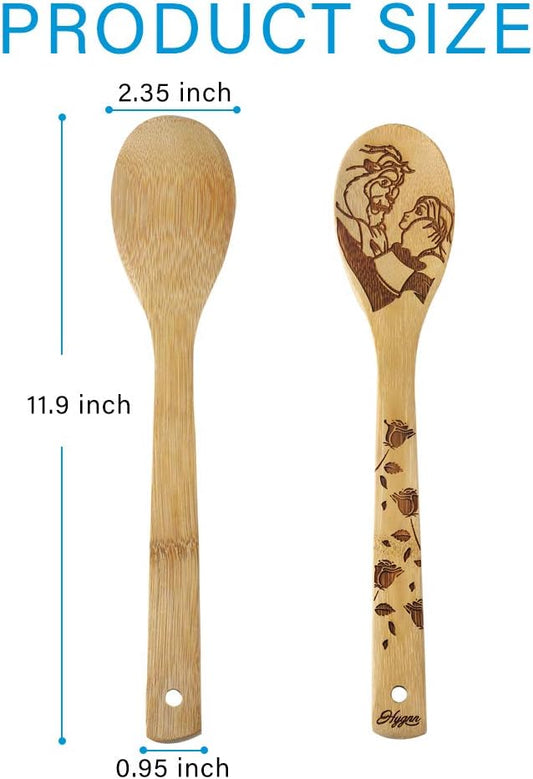 Beauty and the Beast Burned Wooden Spoons Cooking &Serving Utensils Set Bamboo Spoon Slotted Kitchen Utensil Fun Gift Idea Warming Present (Set of 5)