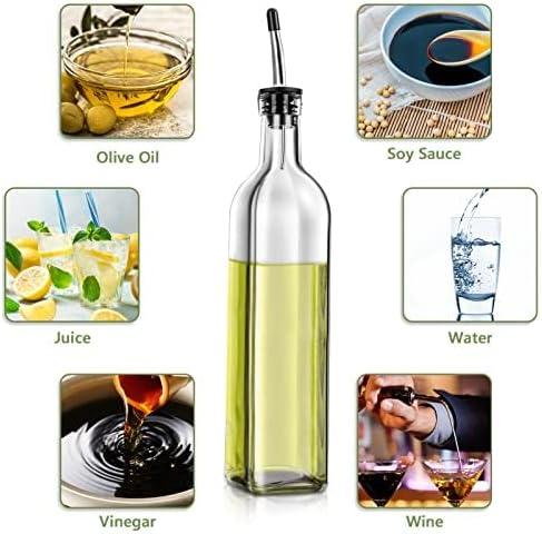 Leaflai Olive Oil Dispenser Bottle, 2 Pcs Glass Olive Oil Dispenser and Vinegar Dispenser Set with 2 Stainless Steel Pourers, 4 Labels,1 Brush and 1 Funnel Oil Bottles for Kitchen (500ml)
