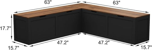 L Shape Kitchen Breakfast Nook Bench, Kitchen Corner Nook Bench Seating with Hidden Storage, Corner Dining Seat for Entryway, Black and Brown, 63”D x 63”W x 17.7”H