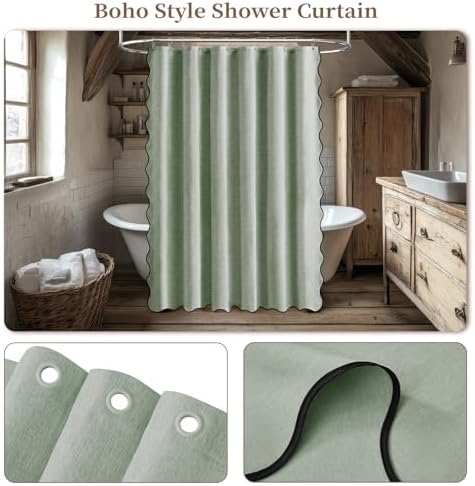 BTTN Sage Green Boho Scalloped Linen Textured Cloth Shower Curtain, 72x72