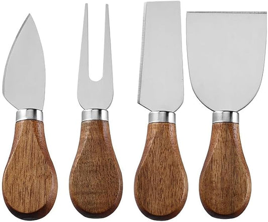 Premium Stainless Steel Cheese Tool Set - Cheese Knife Set - Cut, Spread All Your Favorite Cheeses (4 Acacia Cheese Set)