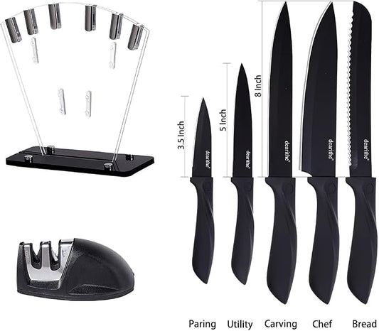 Kitchen Knife Set 7 Piece, High Carbon Stainless Steel Knife Block Set with Knife Sharpener, Professional Chef Knife Set with Acrylic Stand,Non stick coating for Anti-rusting and Sharp