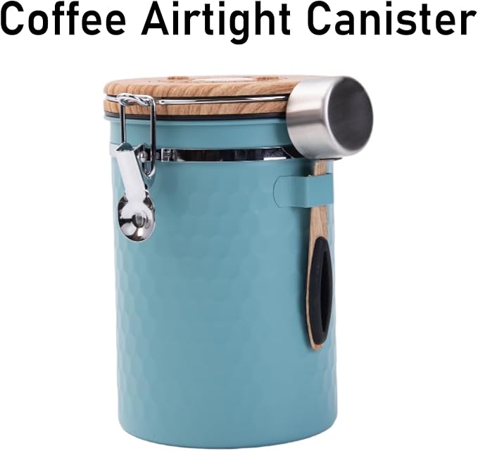 Airtight Coffee Canister, 1800ml Stainless Steel Storage Container with Date Tracker, Breather Valve, and Measuring Scoop, Blue (Blue)