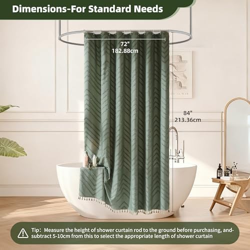Siiluminisoy Extra Long Sage Green Boho Shower Curtain with Tassel, Woven Fabric 84 in Shower Curtain, Tufted Chevron Striped, 72 x 84, Modern Chic Textured Minimalist Bathroom Shower