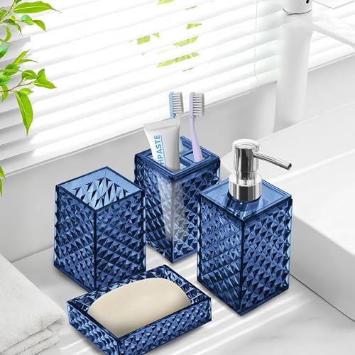 4 PCS Blue Bathroom Accessory Set,Plastic Bathroom Accessories Sets