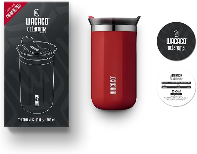 WACACO Octaroma Lungo Vacuum Insulated Coffee Mug, Double-wall Stainless Steel Travel Tumbler With Drinking Lid, 10 fl oz(300ml), Carmine Red
