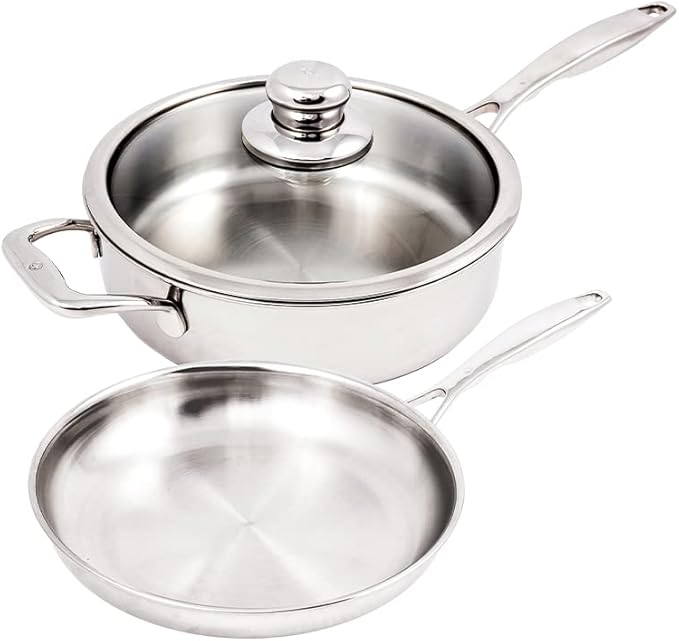 Swiss Diamond Premium Clad 5-Ply Stainless Steel 3 Piece Cookware Set with Satin Exterior Finish, Induction Compatible Stainless Steel Pots and Pans Set - Oven and Dishwasher Safe