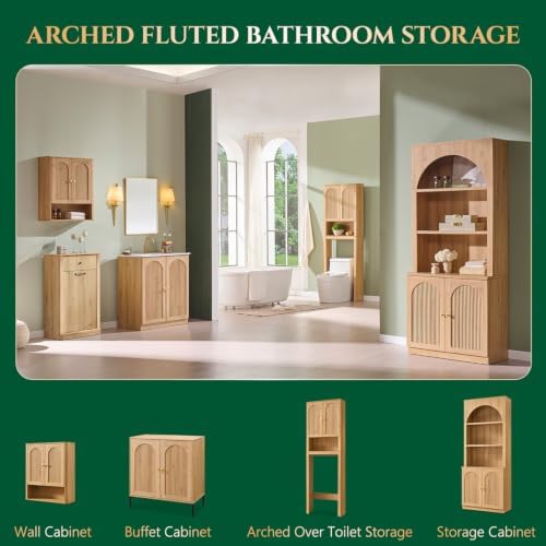 Bathroom Fluted Arched Wall Cabinet, 23.6''W Wood Medicine Cabinet, Natural