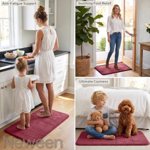Neween Bathroom Rugs Set 3 Piece, Absorbent Memory Foam Bath Mat, Red