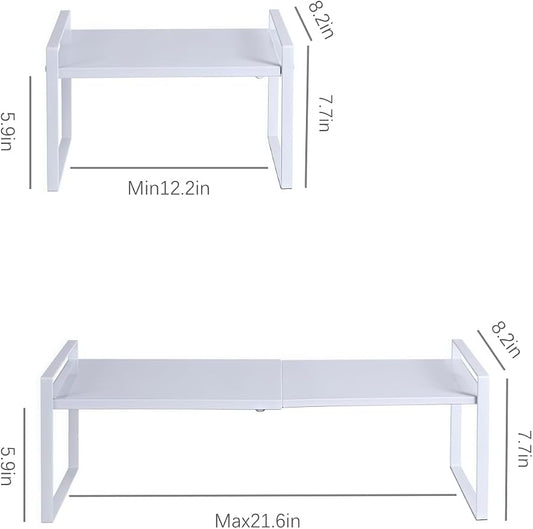 Expandable Cabinet Shelf Organizer Riser for Kitchen Pantry Cupboard Under Sink Countertop (white, 8.2’’D * 12.2-21.6’’W * 7.7’’H)