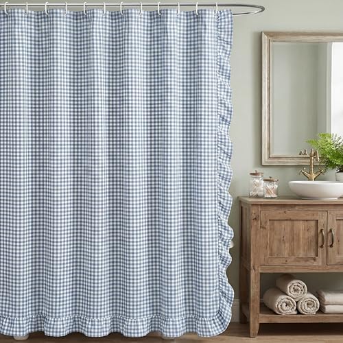 HunnmingRe Ruffled Gingham Shower Curtain Dusty Blue