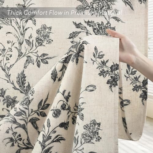Black Floral Shower Curtain,Vintage Linen Beige Cottagecore Shower Curtains for Bathroom, 72" W x 72" L
