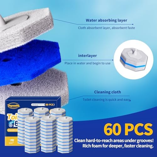 60pcs Disposable Toilet Brush Refill Pads, Replacement Brush Heads, Toilet Cleaner Refills,Disposable Wand Heads,Bathroom Cleaning,Toilet Cleaning Scrubbers Compatible with Most Toilet Brushes
